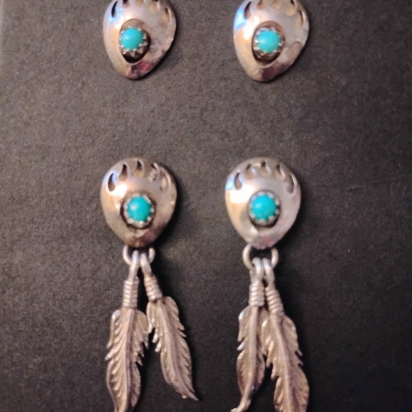 Native American Sterling Silver and Turquoise Bear Paw Earrings/Richard Begay - Picture 1 of 3